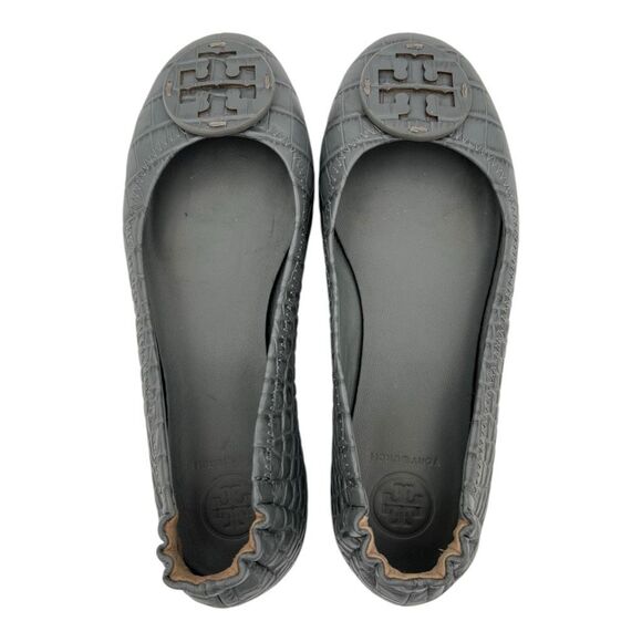 Tory Burch Women's Leather Croc Embossed Minnie Travel Ballet Flats Gray Sz 5.5 - Picture 8 of 9